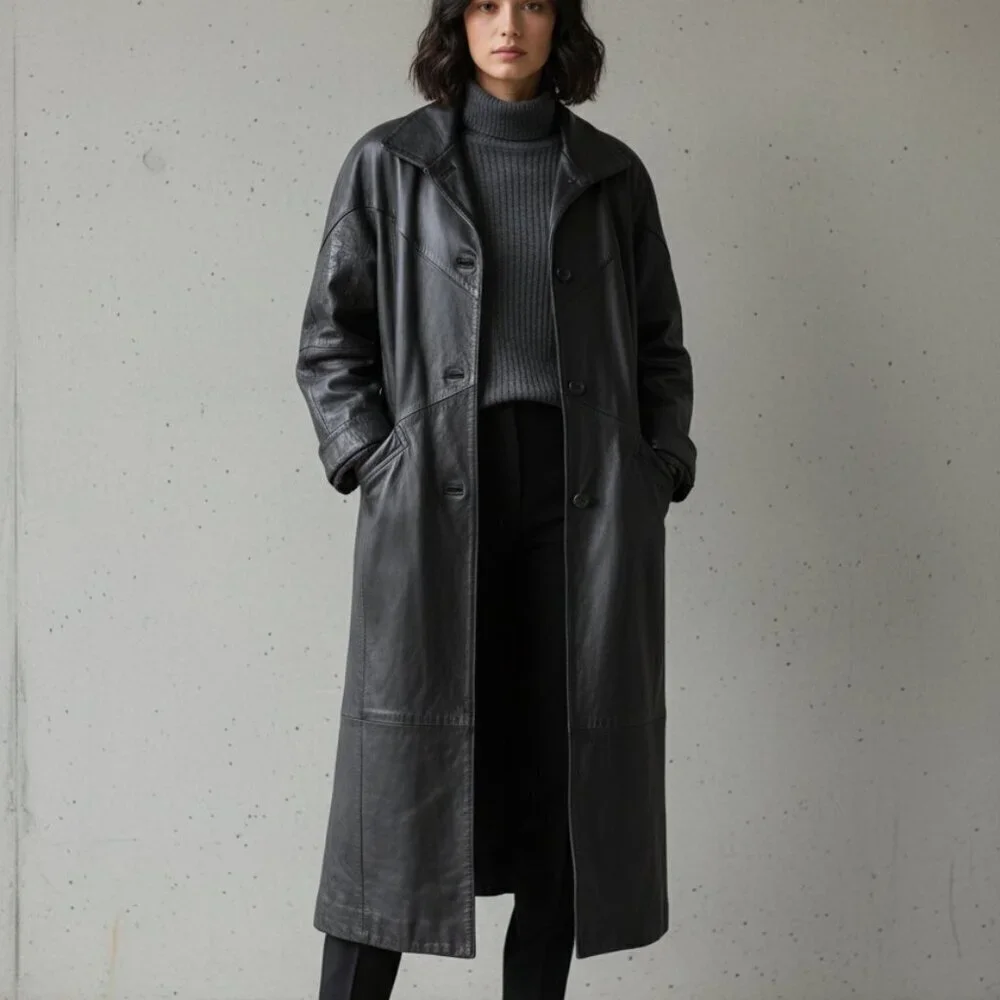 Vintage Pelle Black Genuine Leather Long Trench Coat Friends/Matrix 90's XL-XXL